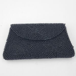 Vintage Black Hand Beaded Envelope Evening Clutch Bag Floral Design 50s 60s